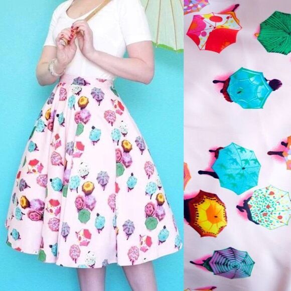Vintage Tatyana Rainy Day Umbrella Print Satin Circle Midi Skirt Pink Medium - Picture 1 of 9